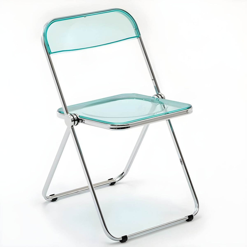 Scandinavian style dining chair with silver metal legs and plastic acrylic seat