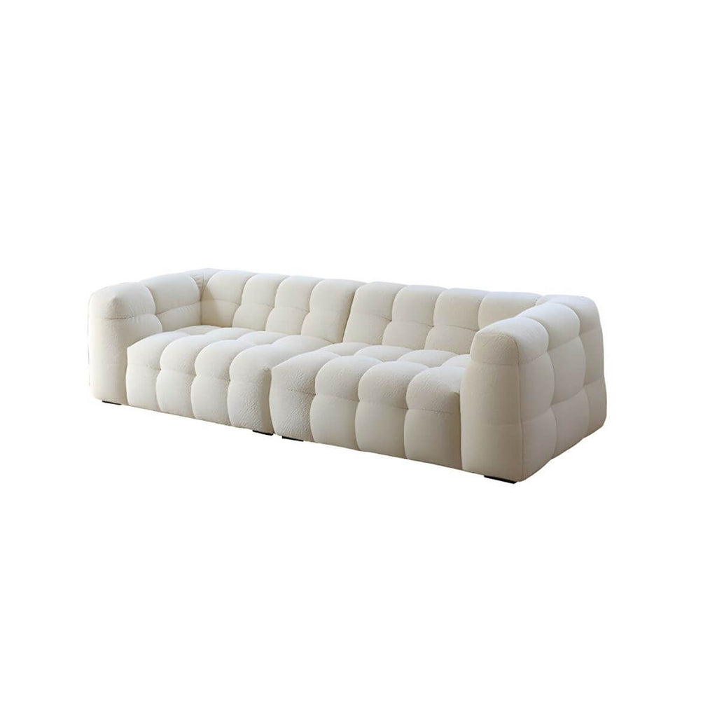 White fabric tuxedo arm sofa with biscuit back, 27.55 inches tall