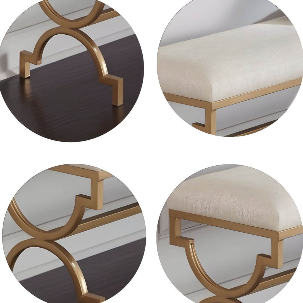 Backless Solid-Color Cotton Bench in Beige with Minimalist Gold-Finished Legs