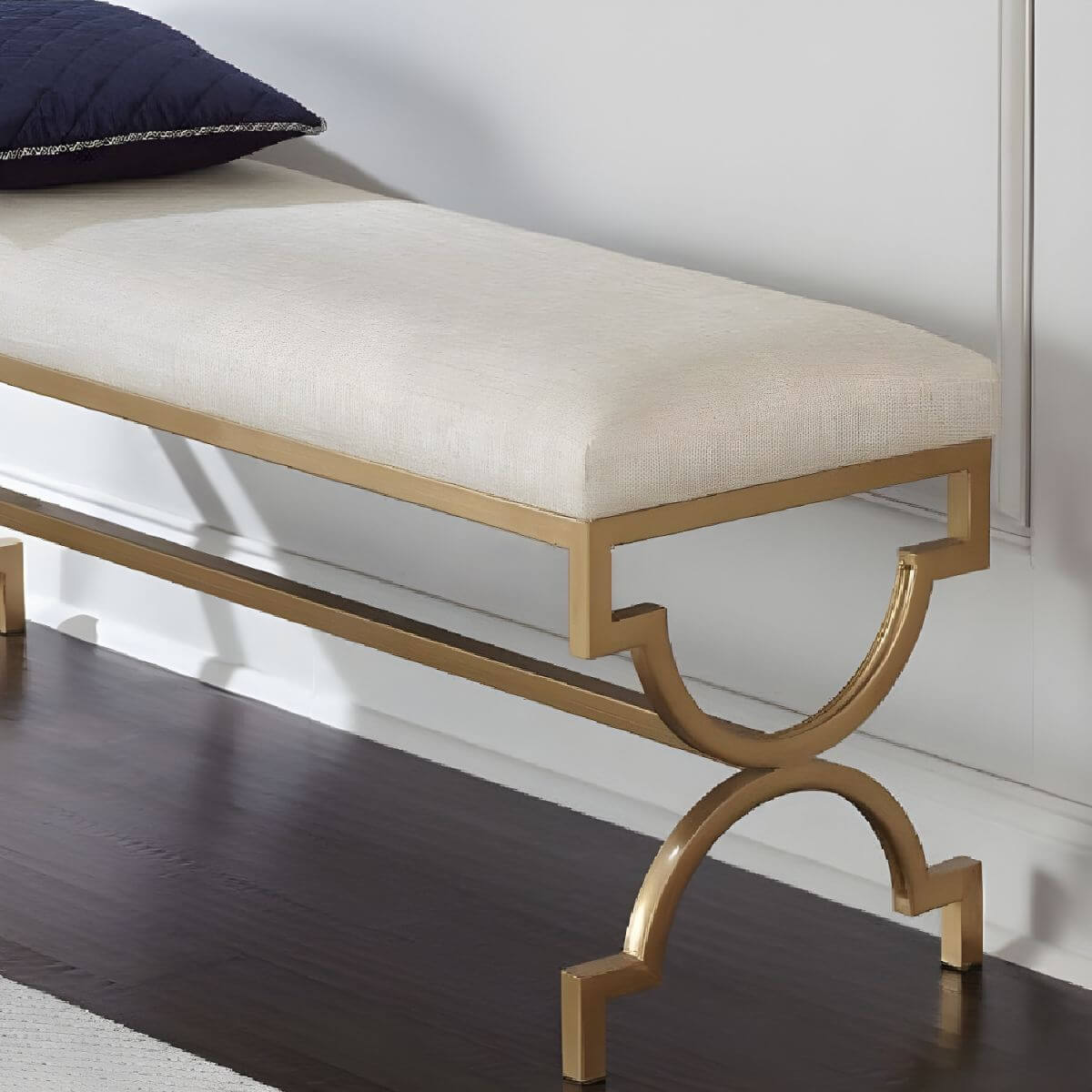 Backless Solid-Color Cotton Bench in Beige with Minimalist Gold-Finished Legs