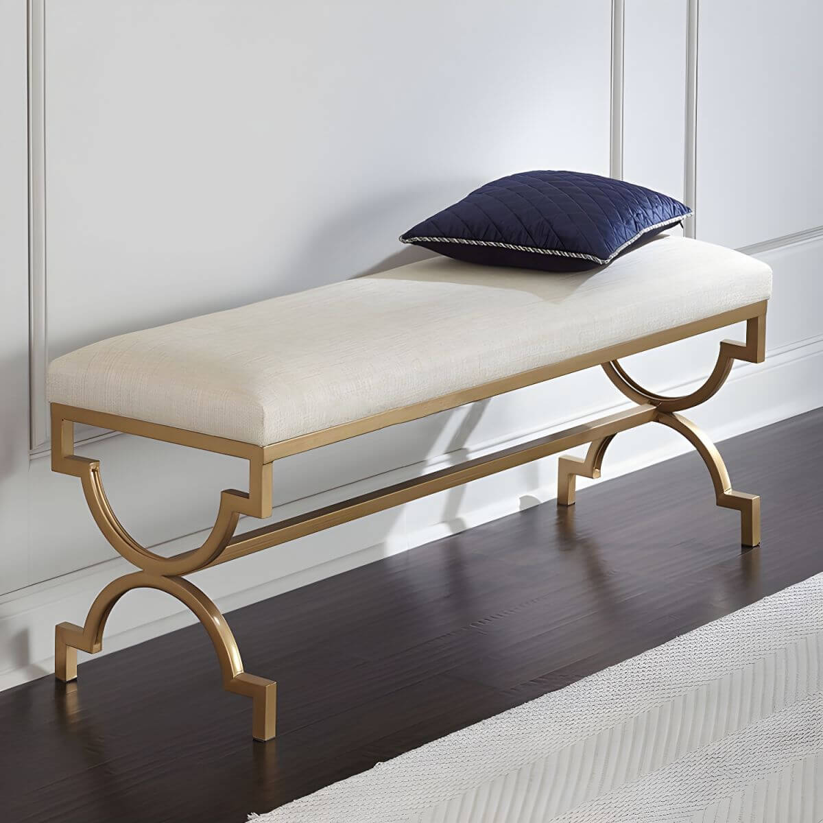 Backless Solid-Color Cotton Bench in Beige with Minimalist Gold-Finished Legs Secondary image