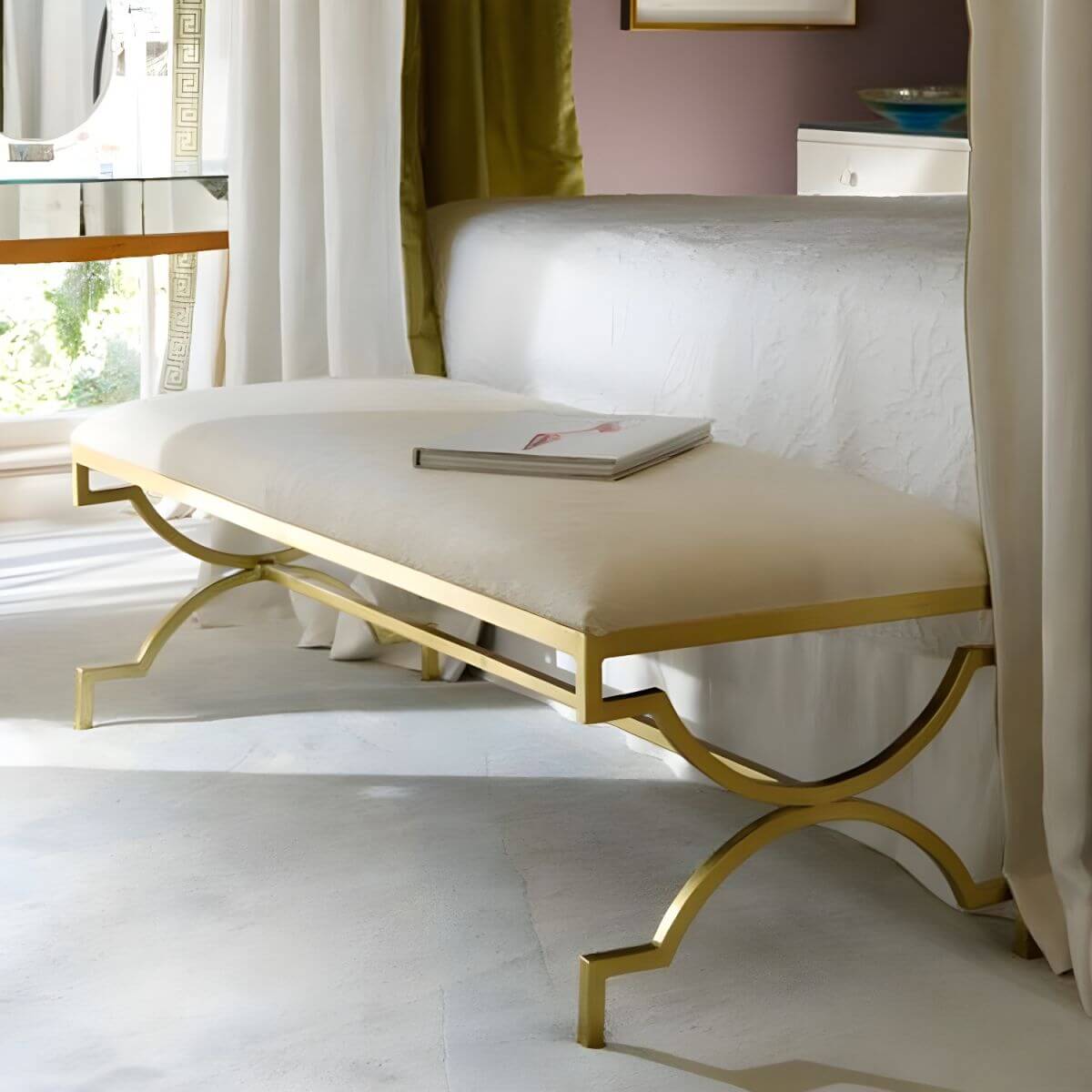 Backless Solid-Color Cotton Bench in Beige with Minimalist Gold-Finished Legs Main Product Image Main image