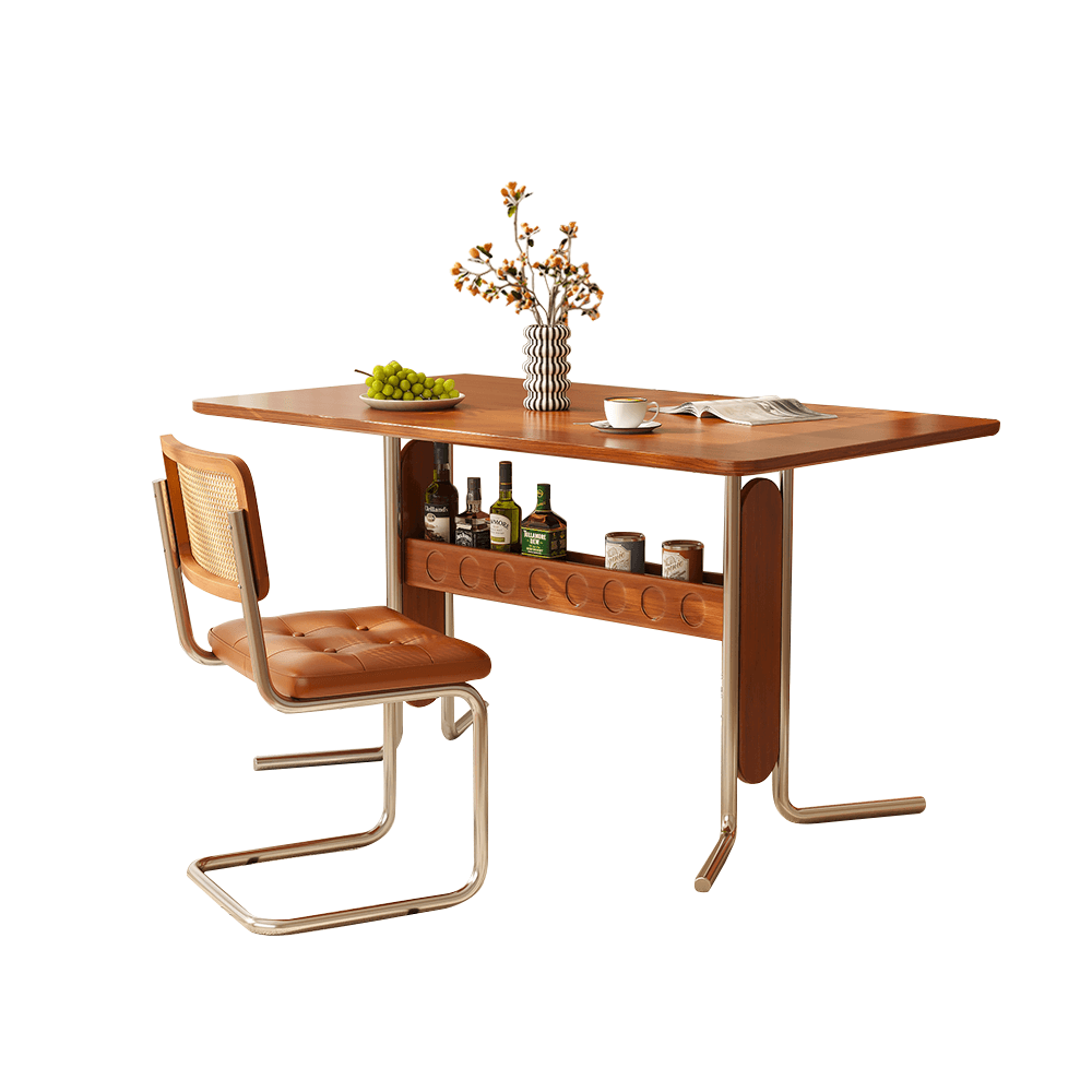 Square vintage dining and desk combo table with slate top, storage, and stainless steel legs