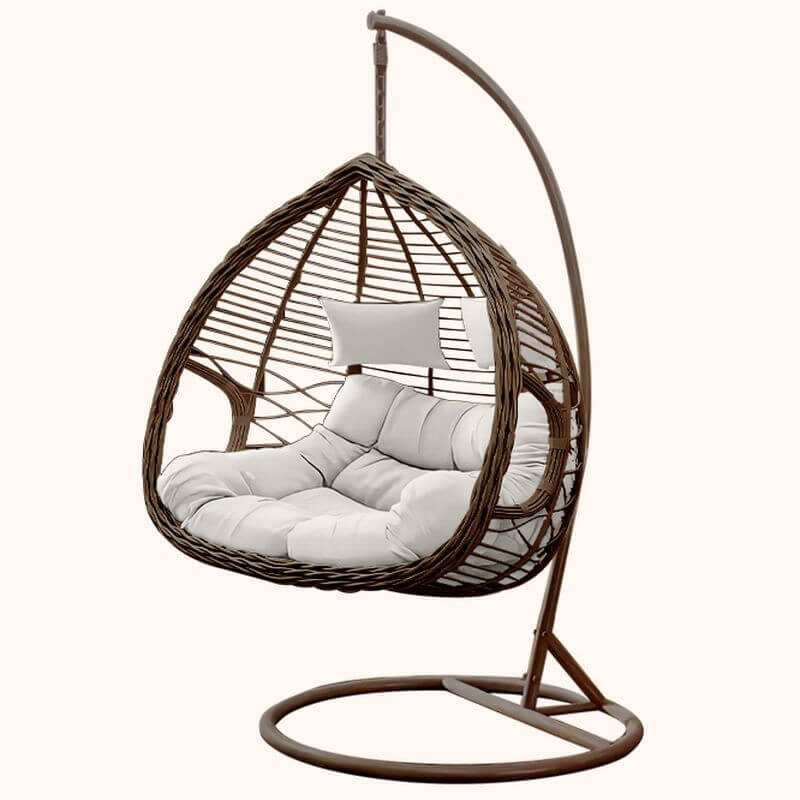 Metal upholstered porch swing egg chair with stand and chain, seating for two in cocoa and cream colors