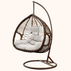 Metal upholstered porch swing egg chair with stand and chain, seating for two in cocoa and cream colors