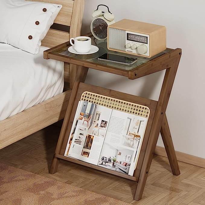 Bamboo Bedside Table With Corrugated Glass Top, Brown