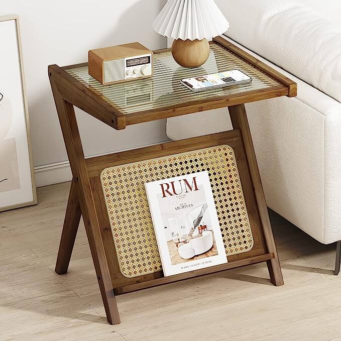Bamboo Bedside Table With Corrugated Glass Top, Brown