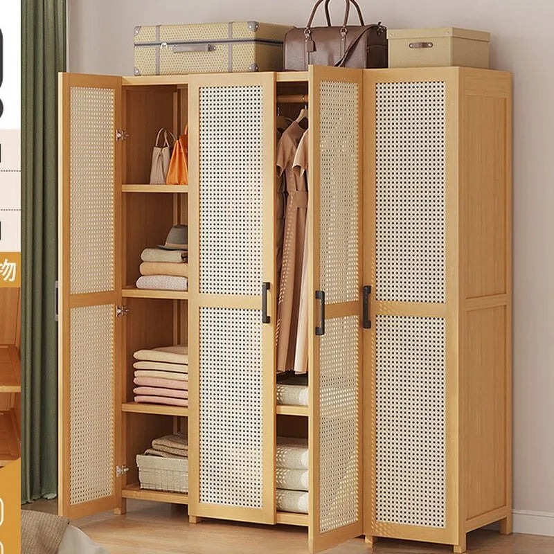 Bamboo Cane-Front Wardrobe Armoire With Soft-Close Storage