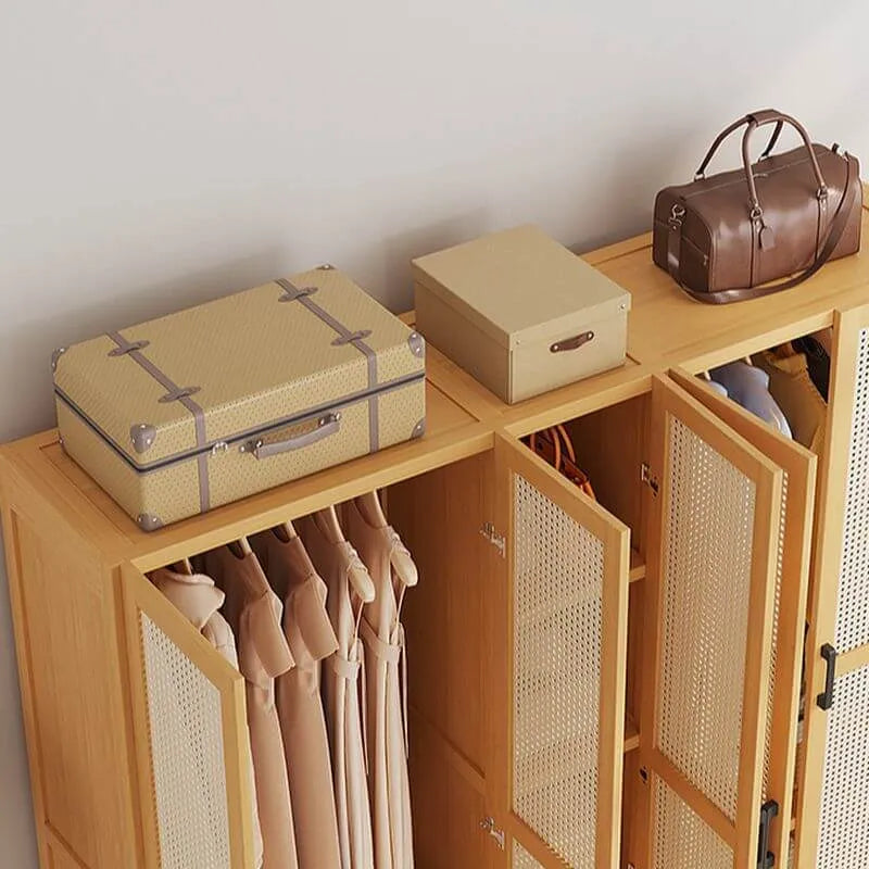 Bamboo Cane-Front Wardrobe Armoire With Soft-Close Storage