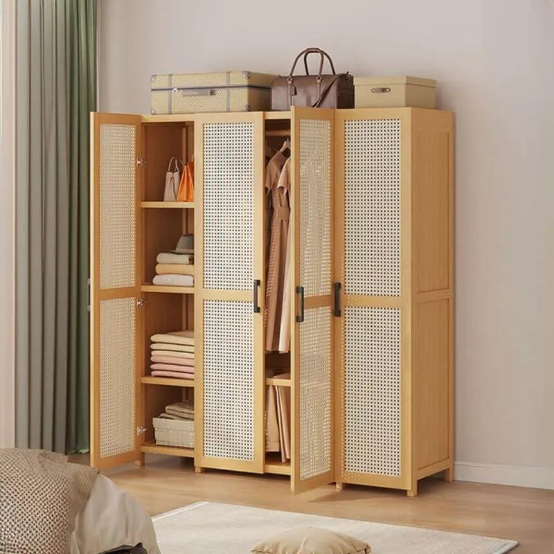 Bamboo Cane-Front Wardrobe Armoire With Soft-Close Storage
