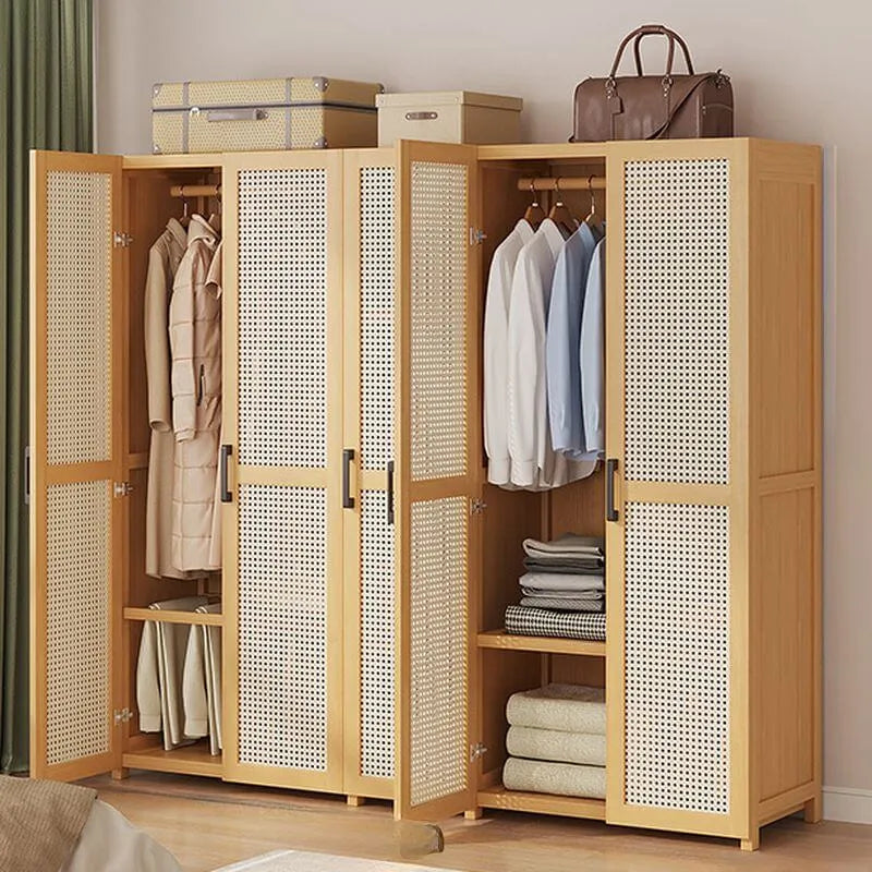 Bamboo Cane-Front Wardrobe Armoire With Soft-Close Storage