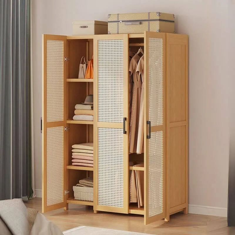 Bamboo Cane-Front Wardrobe Armoire With Soft-Close Storage