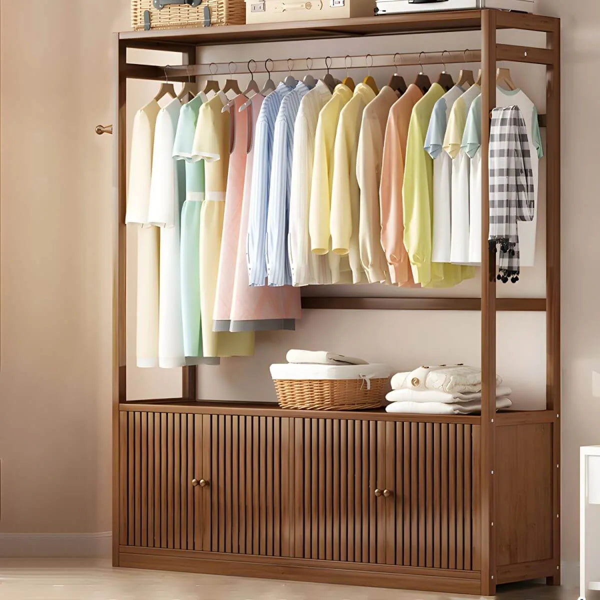 Bamboo Open-Top Wardrobe Armoire With Closed Storage Cabinet