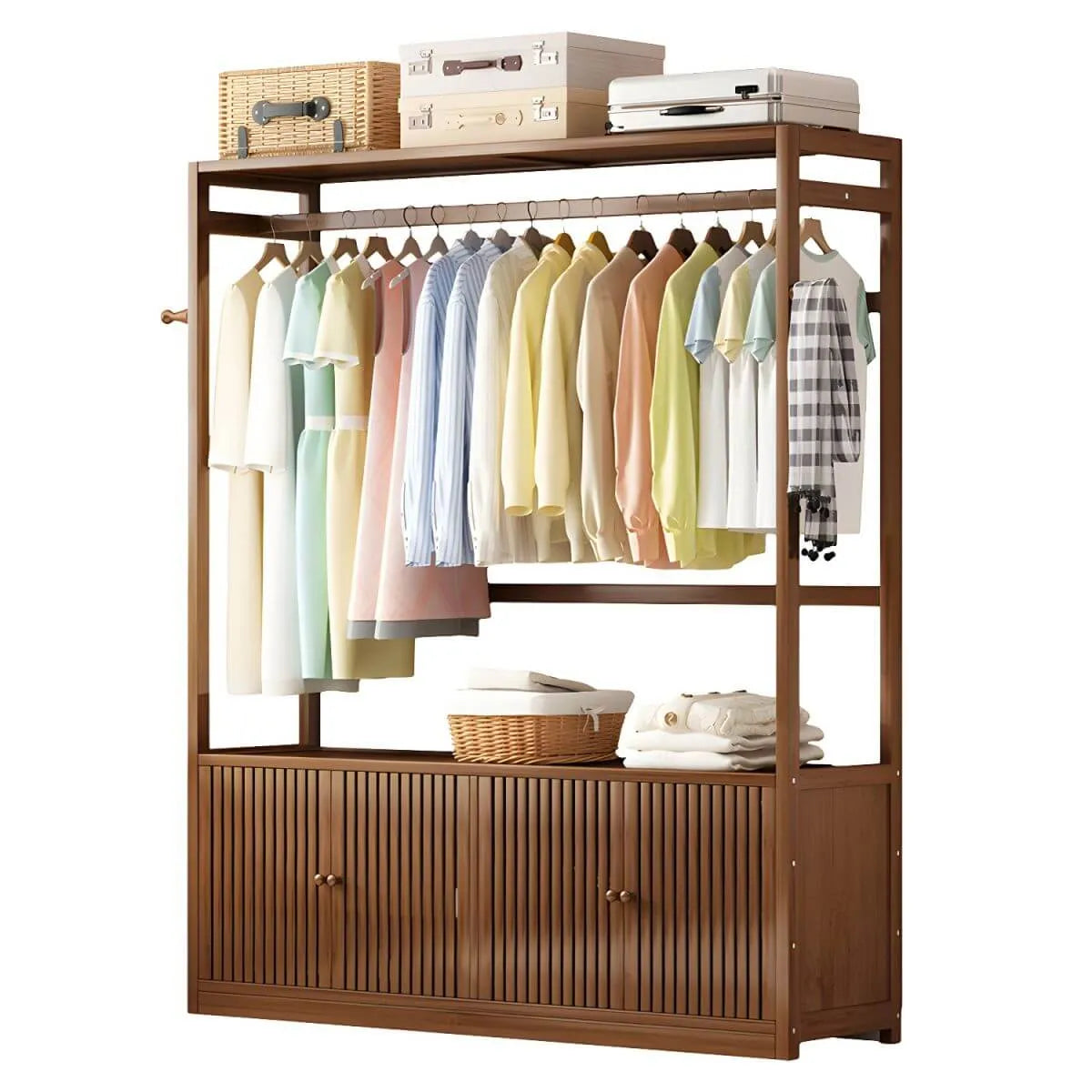 Bamboo Open-Top Wardrobe Armoire With Closed Storage Cabinet