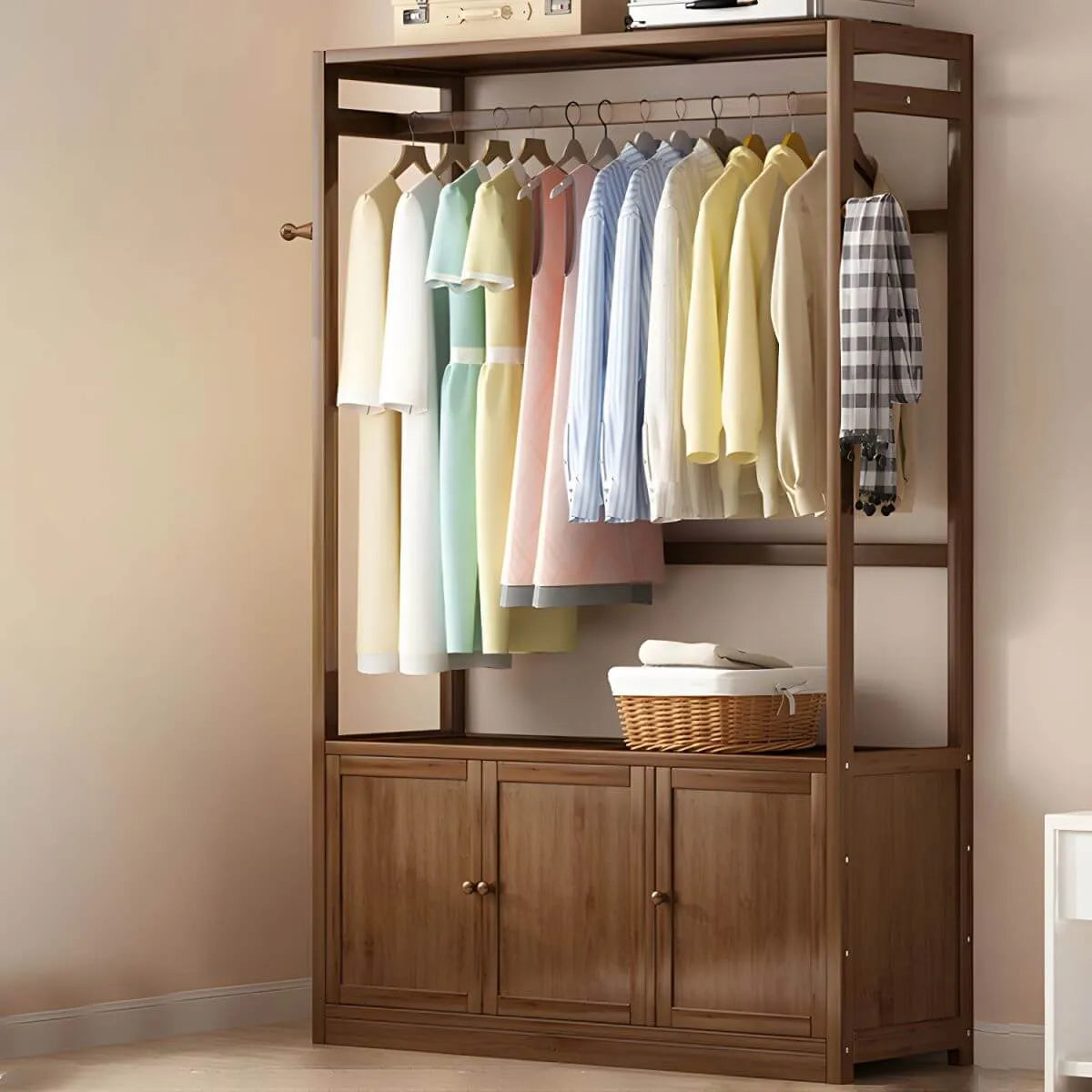 Bamboo Open-Top Wardrobe Armoire With Closed Storage Cabinet