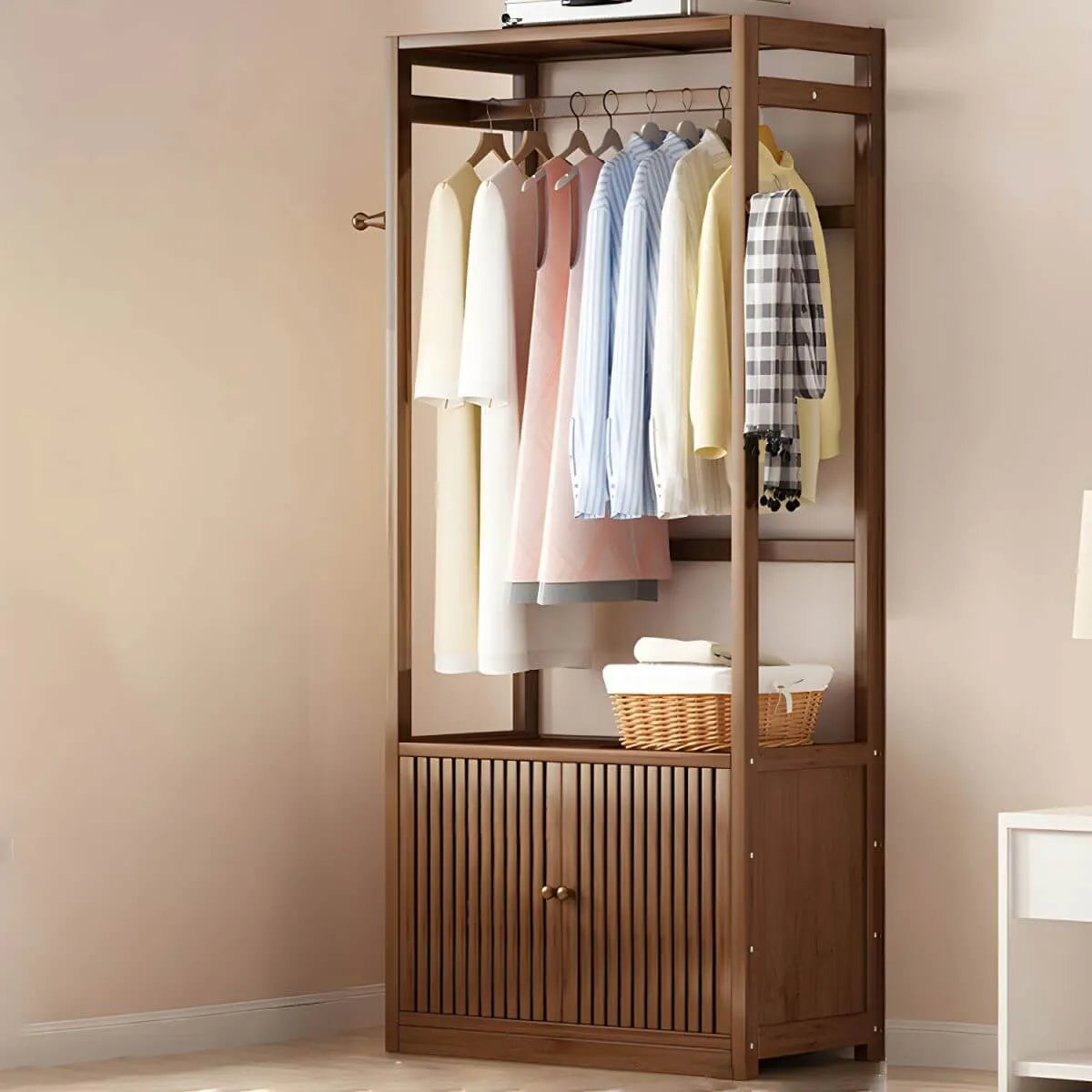 Bamboo Open-Top Wardrobe Armoire With Closed Storage Cabinet