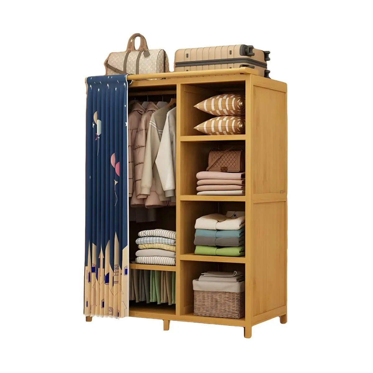 Bamboo Wardrobe Armoire With Curtain Doors and Tiered Storage
