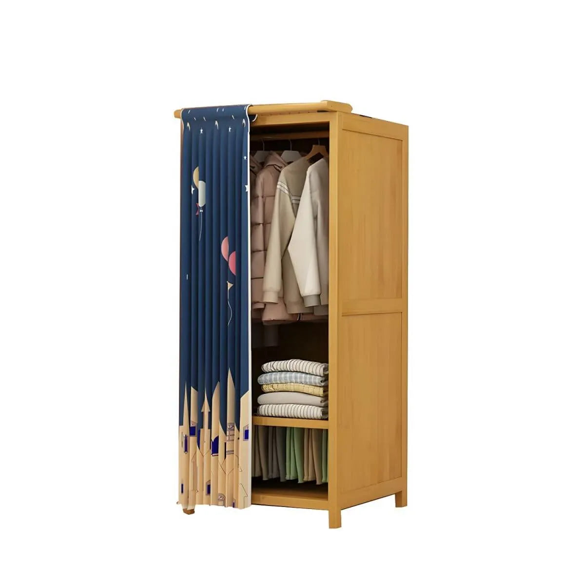 Bamboo Wardrobe Armoire With Curtain Doors and Tiered Storage