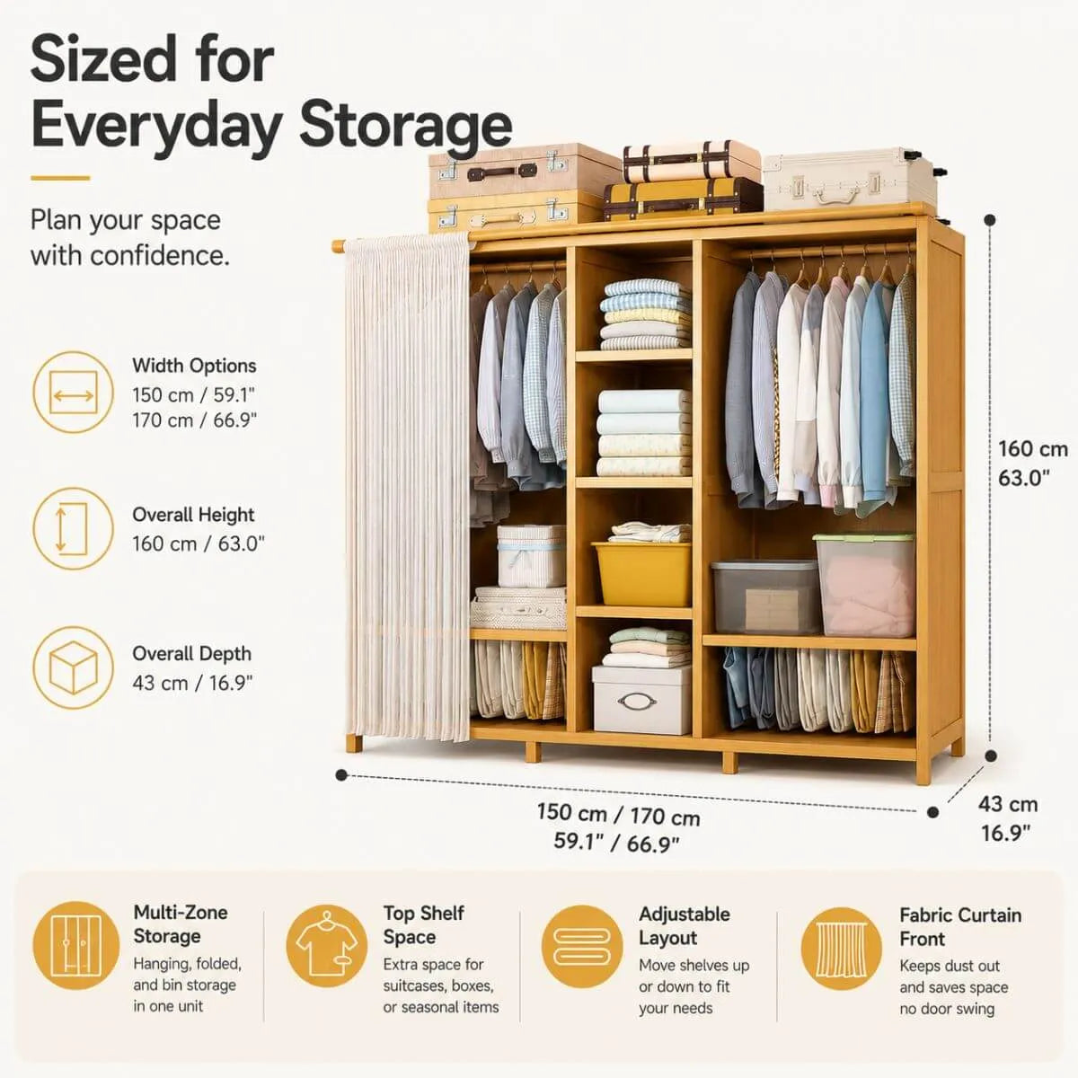 Bamboo Wardrobe Armoire With Curtain Doors and Tiered Storage