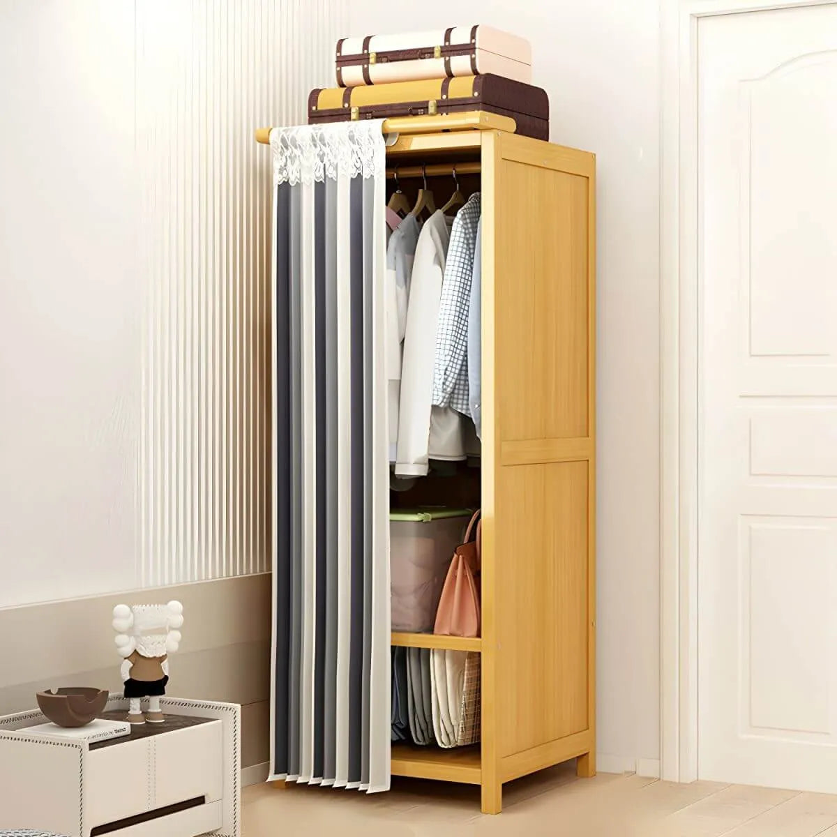 Bamboo Wardrobe Armoire With Curtain Doors and Tiered Storage