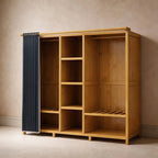 Bamboo Wardrobe Armoire With Curtain Doors and Tiered Storage