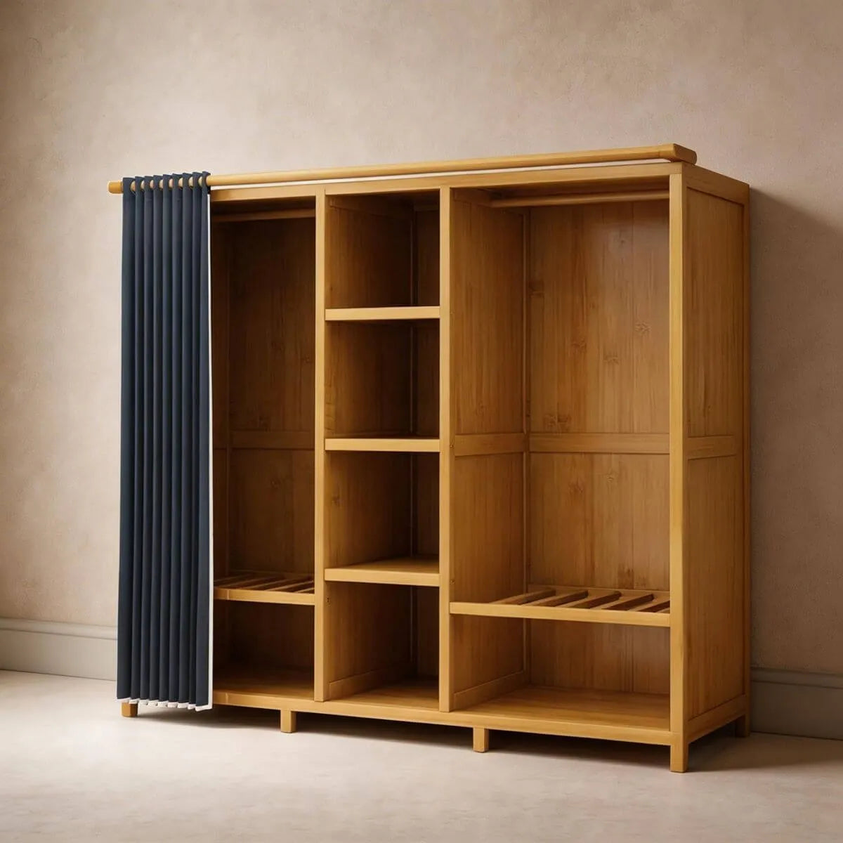 Bamboo Wardrobe Armoire With Curtain Doors and Tiered Storage