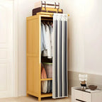 Bamboo Wardrobe Armoire With Curtain Doors and Tiered Storage
