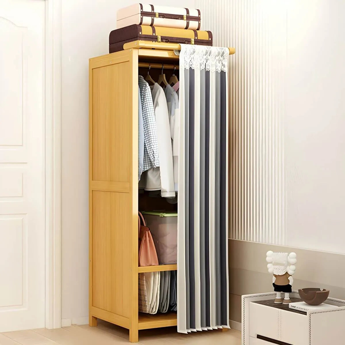 Bamboo Wardrobe Armoire With Curtain Doors and Tiered Storage