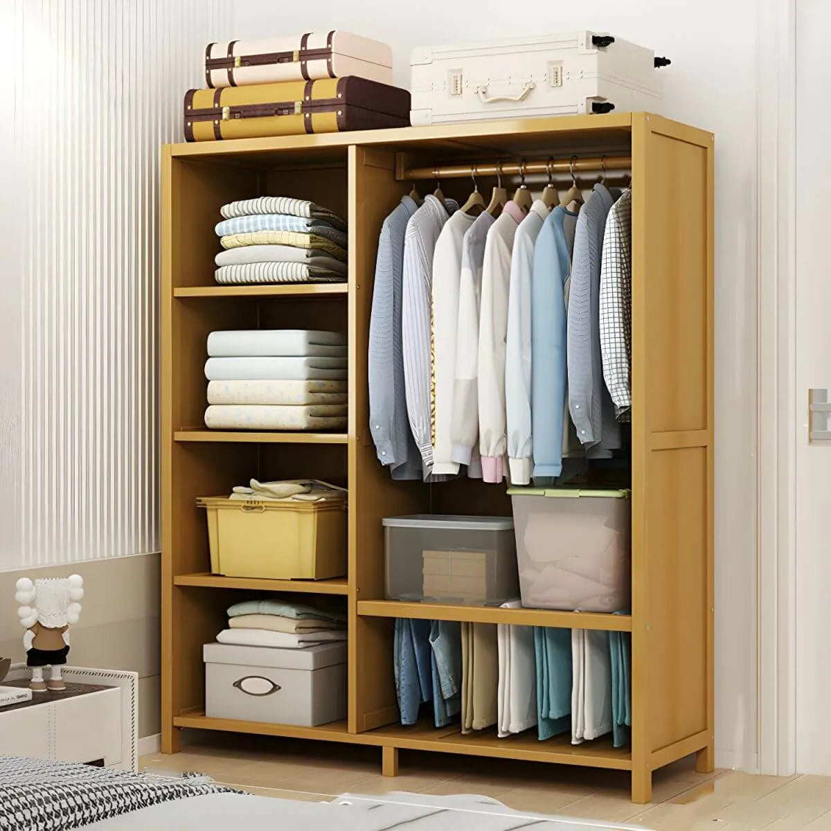 Bamboo Wardrobe Armoire With Curtain Doors and Tiered Storage