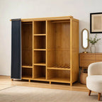 Bamboo Wardrobe Armoire With Curtain Doors and Tiered Storage
