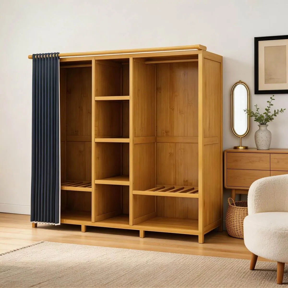 Bamboo Wardrobe Armoire With Curtain Doors and Tiered Storage