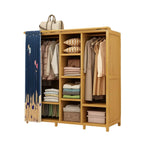 Bamboo Wardrobe Armoire With Curtain Doors and Tiered Storage