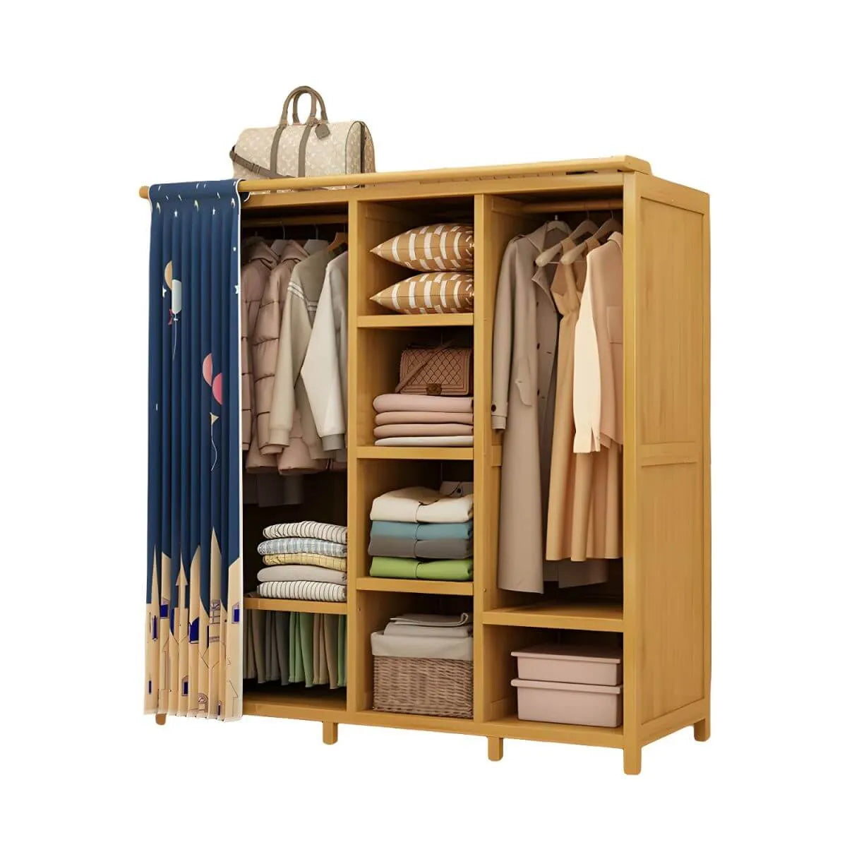 Bamboo Wardrobe Armoire With Curtain Doors and Tiered Storage