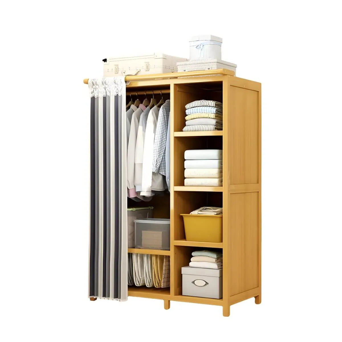 Bamboo Wardrobe Armoire With Curtain Doors and Tiered Storage