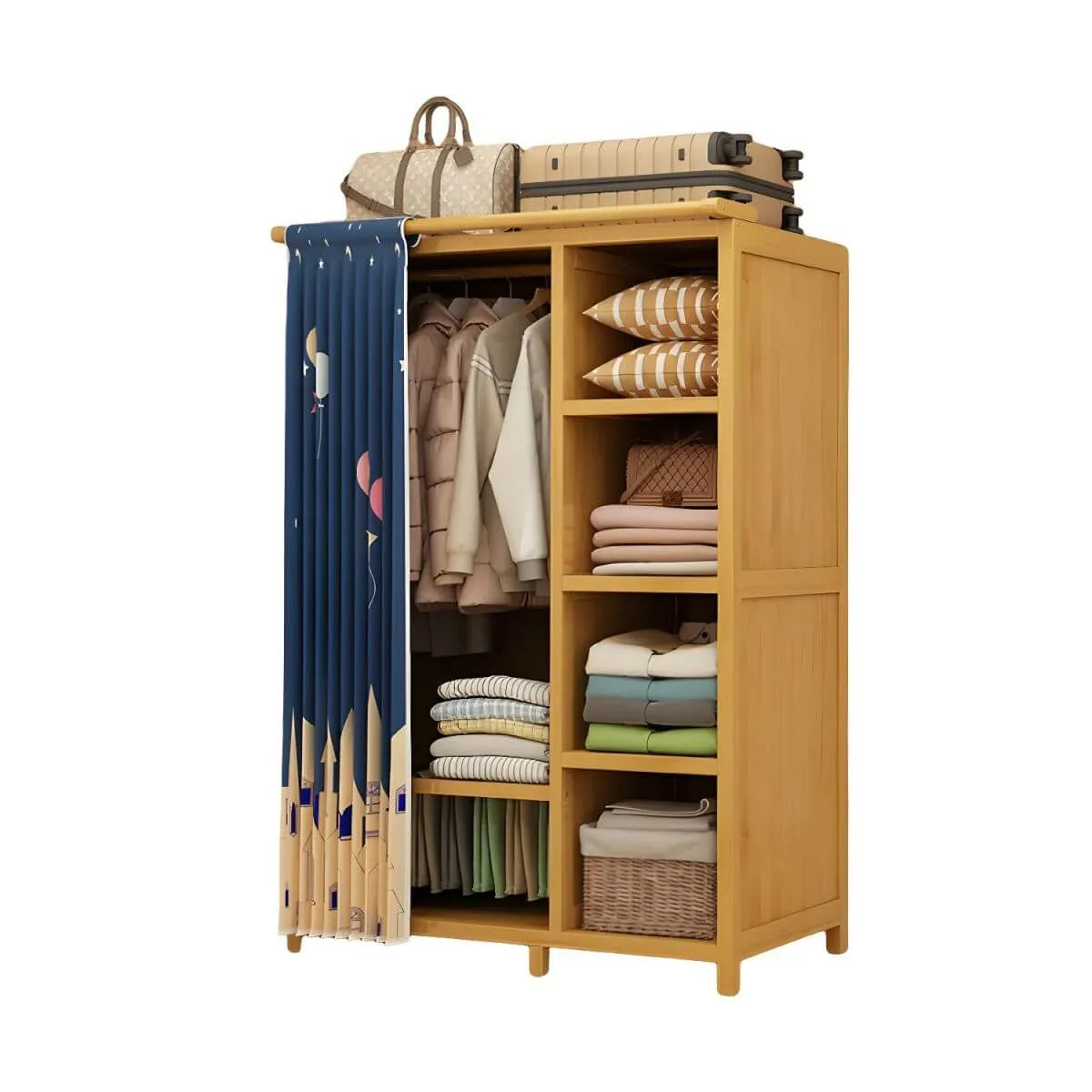 Bamboo Wardrobe Armoire With Curtain Doors and Tiered Storage