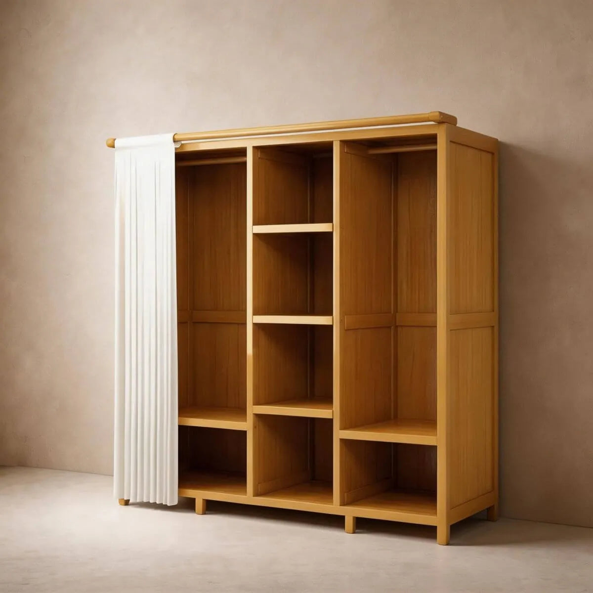 Bamboo Wardrobe Armoire With Curtain Doors and Tiered Storage