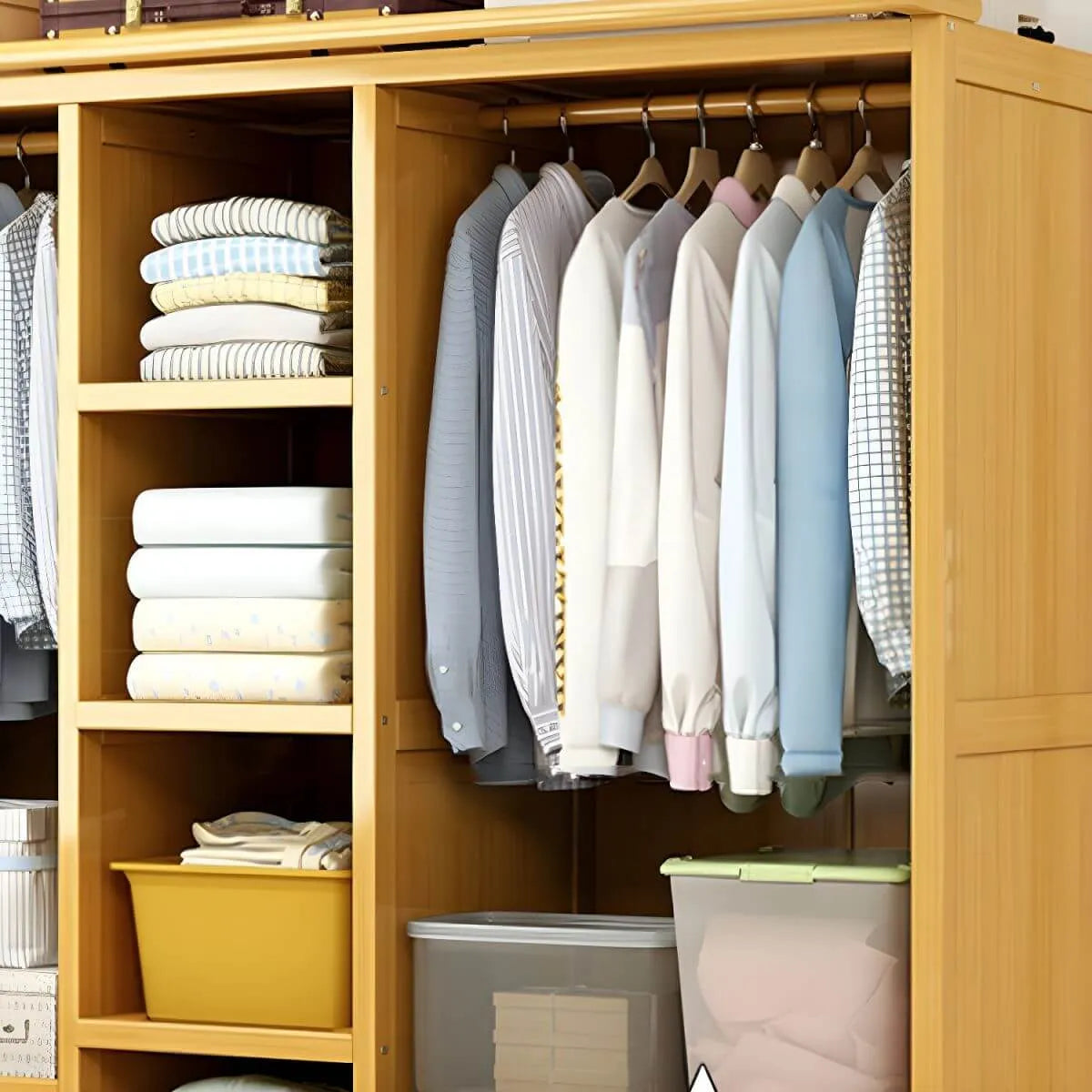 Bamboo Wardrobe Armoire With Curtain Doors and Tiered Storage