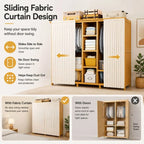 Bamboo Wardrobe Armoire With Curtain Doors and Tiered Storage