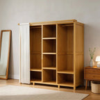 Bamboo Wardrobe Armoire With Curtain Doors and Tiered Storage