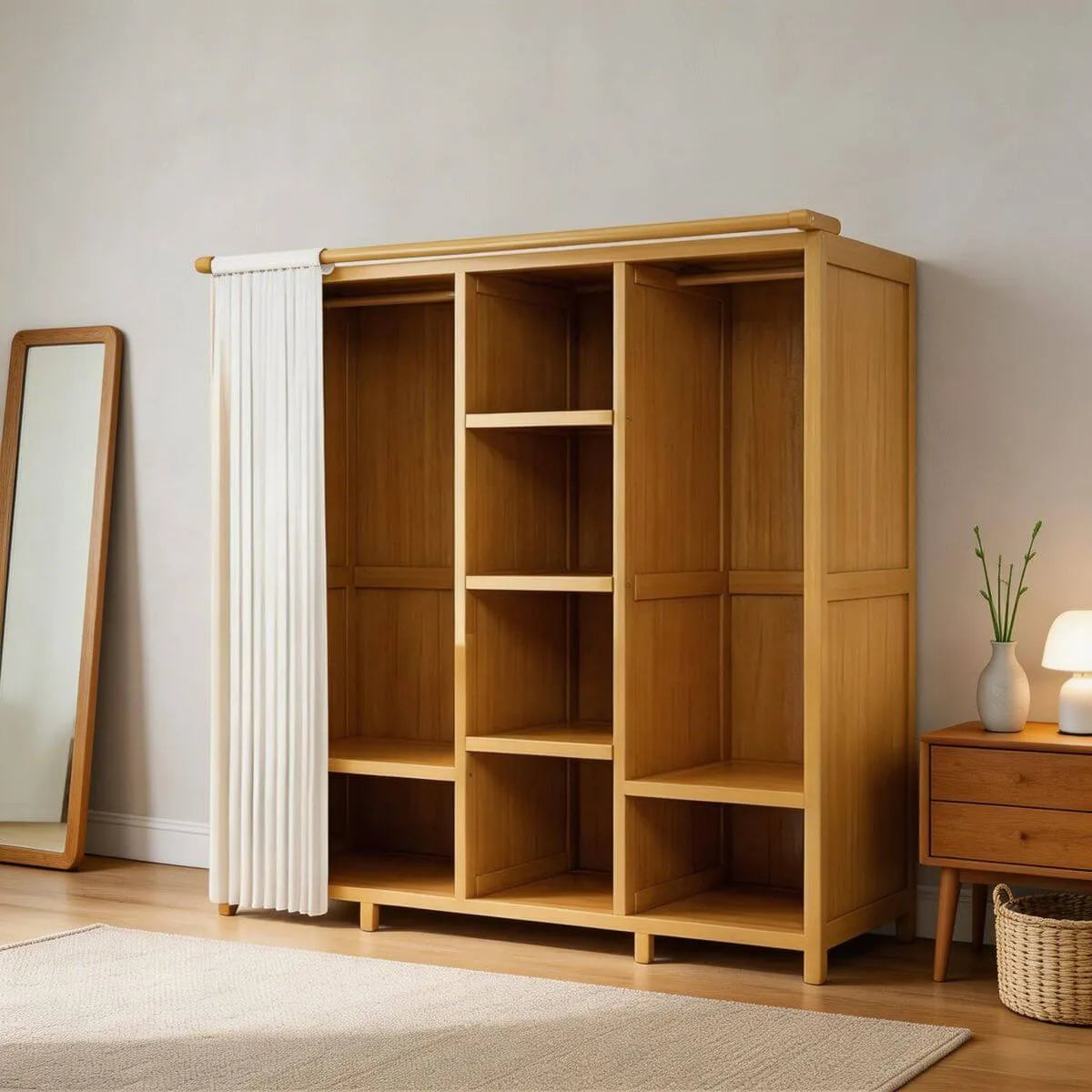 Bamboo Wardrobe Armoire With Curtain Doors and Tiered Storage
