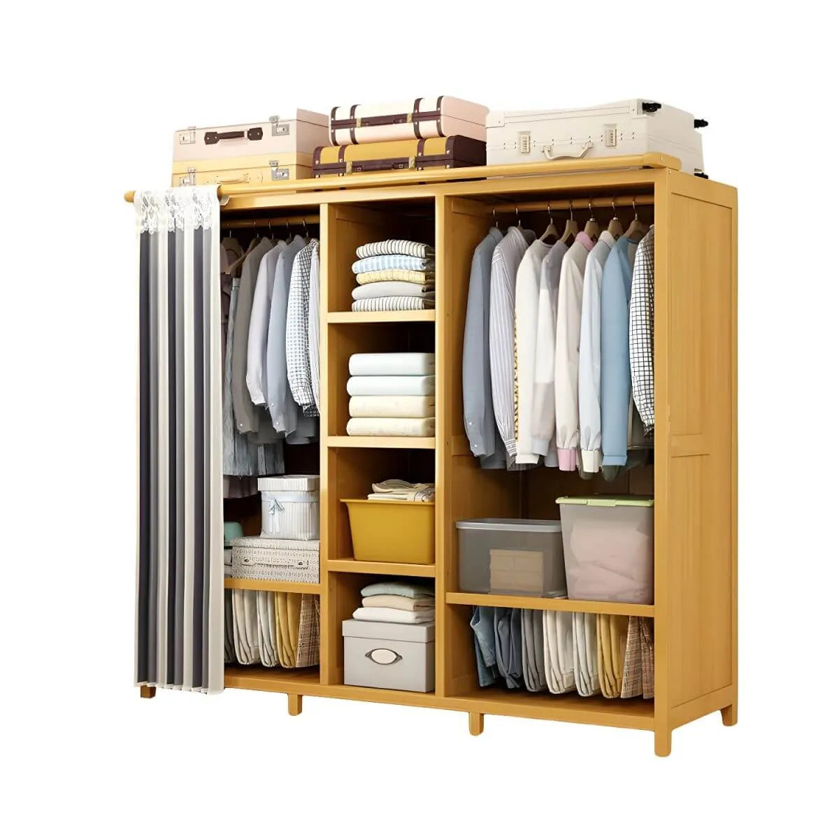 Bamboo Wardrobe Armoire With Curtain Doors and Tiered Storage