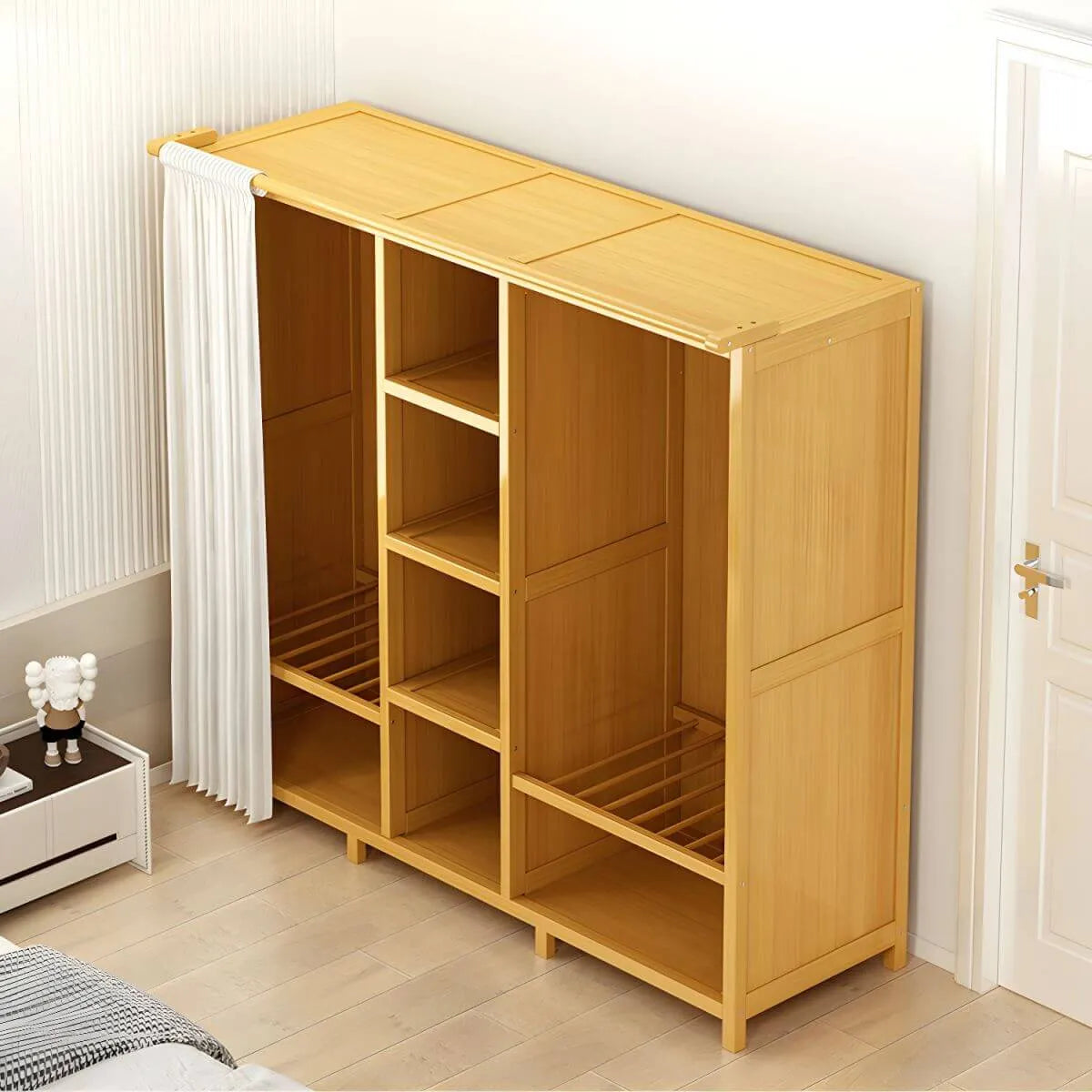Bamboo Wardrobe Armoire With Curtain Doors and Tiered Storage