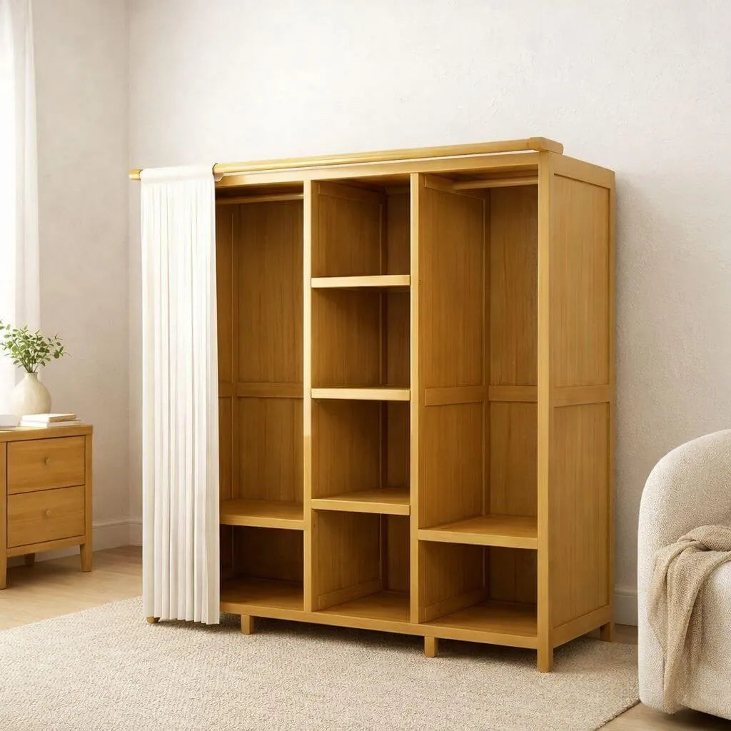 Bamboo Wardrobe Armoire With Curtain Doors and Tiered Storage