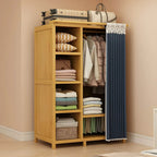 Bamboo Wardrobe Armoire With Curtain Doors and Tiered Storage