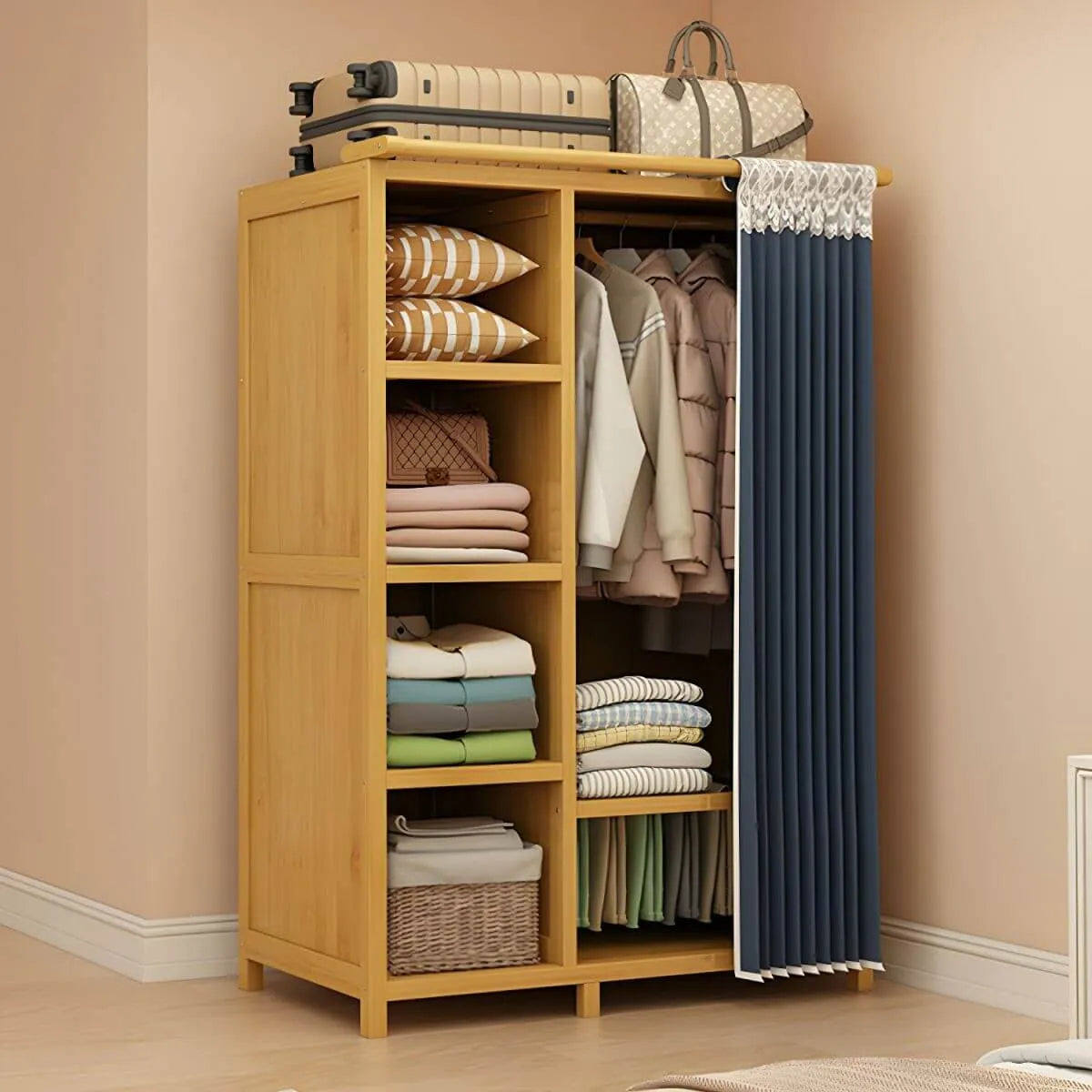 Bamboo Wardrobe Armoire With Curtain Doors and Tiered Storage