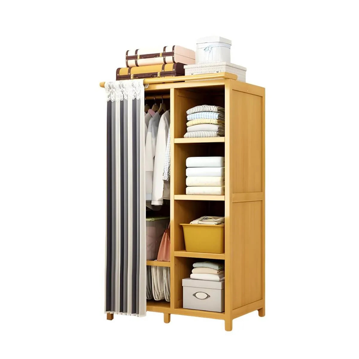 Bamboo Wardrobe Armoire With Curtain Doors and Tiered Storage