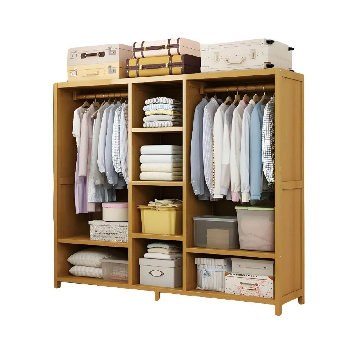 Bamboo Wardrobe Armoire With Curtain Doors and Tiered Storage