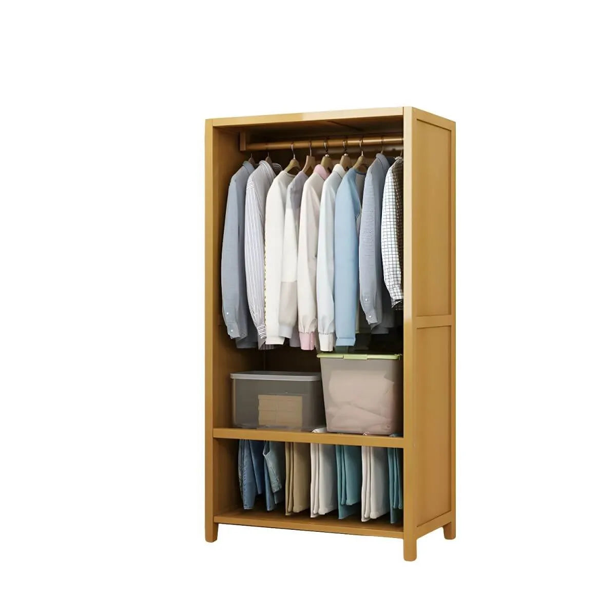 Bamboo Wardrobe Armoire With Curtain Doors and Tiered Storage