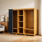 Bamboo Wardrobe Armoire With Curtain Doors and Tiered Storage