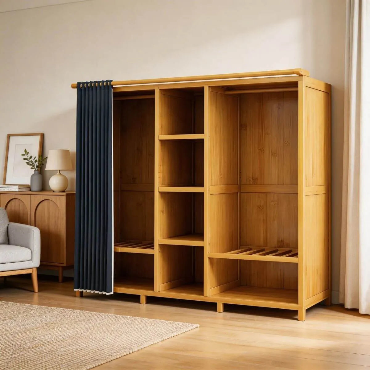 Bamboo Wardrobe Armoire With Curtain Doors and Tiered Storage